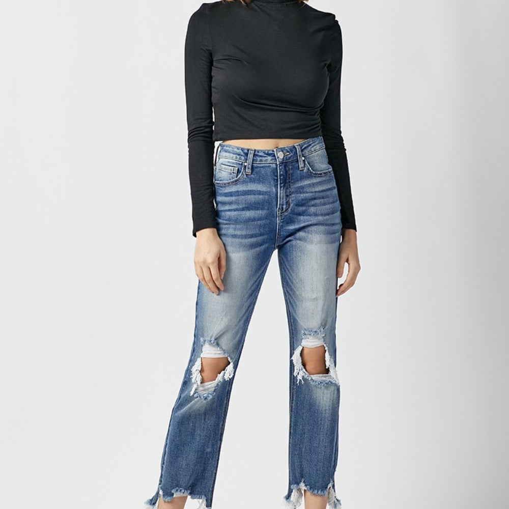 
                      
                        RISEN High Waist Distressed Frayed Hem Cropped Straight Jeans
                      
                    