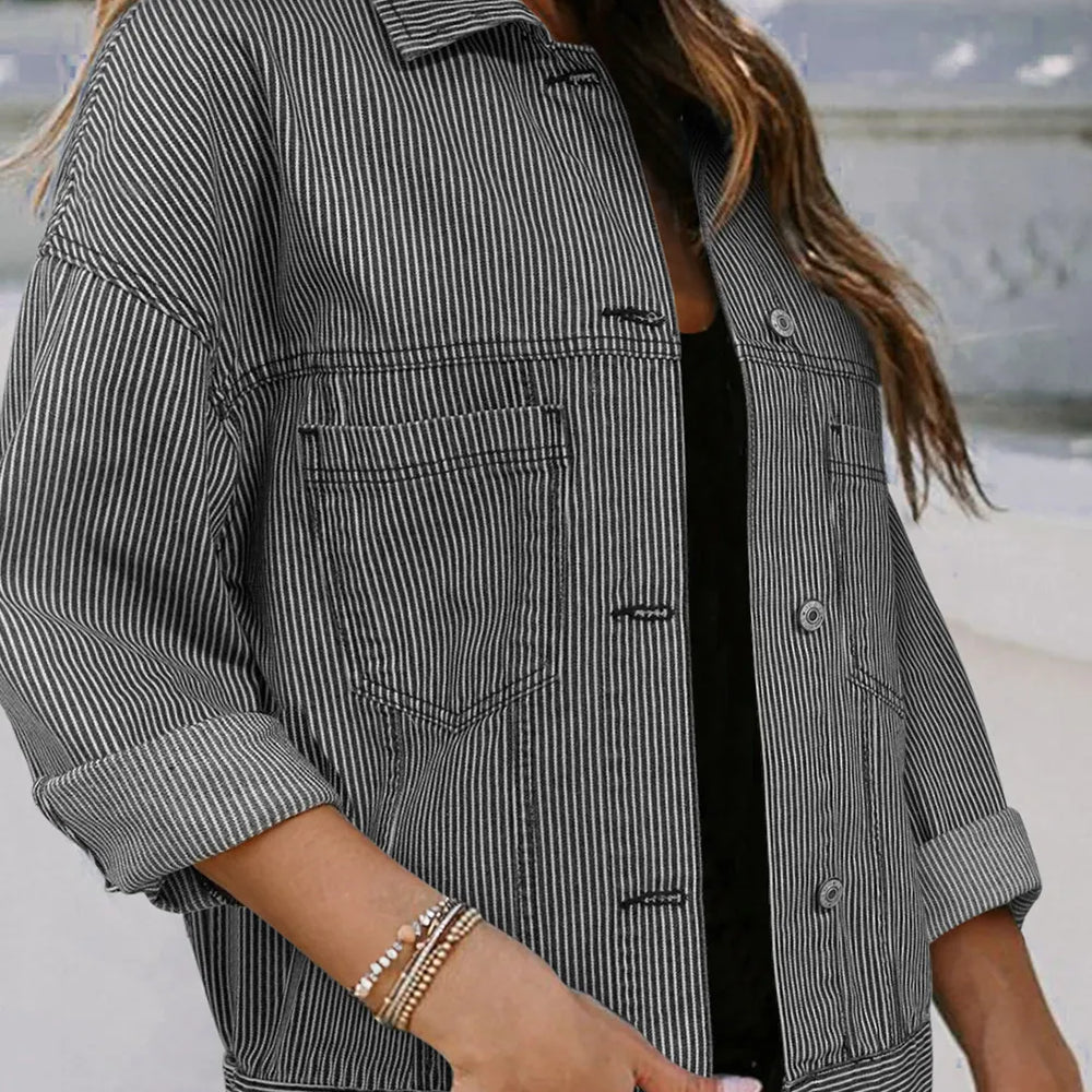 
                      
                        Striped Button Up Long Sleeve Denim Jacket
                      
                    