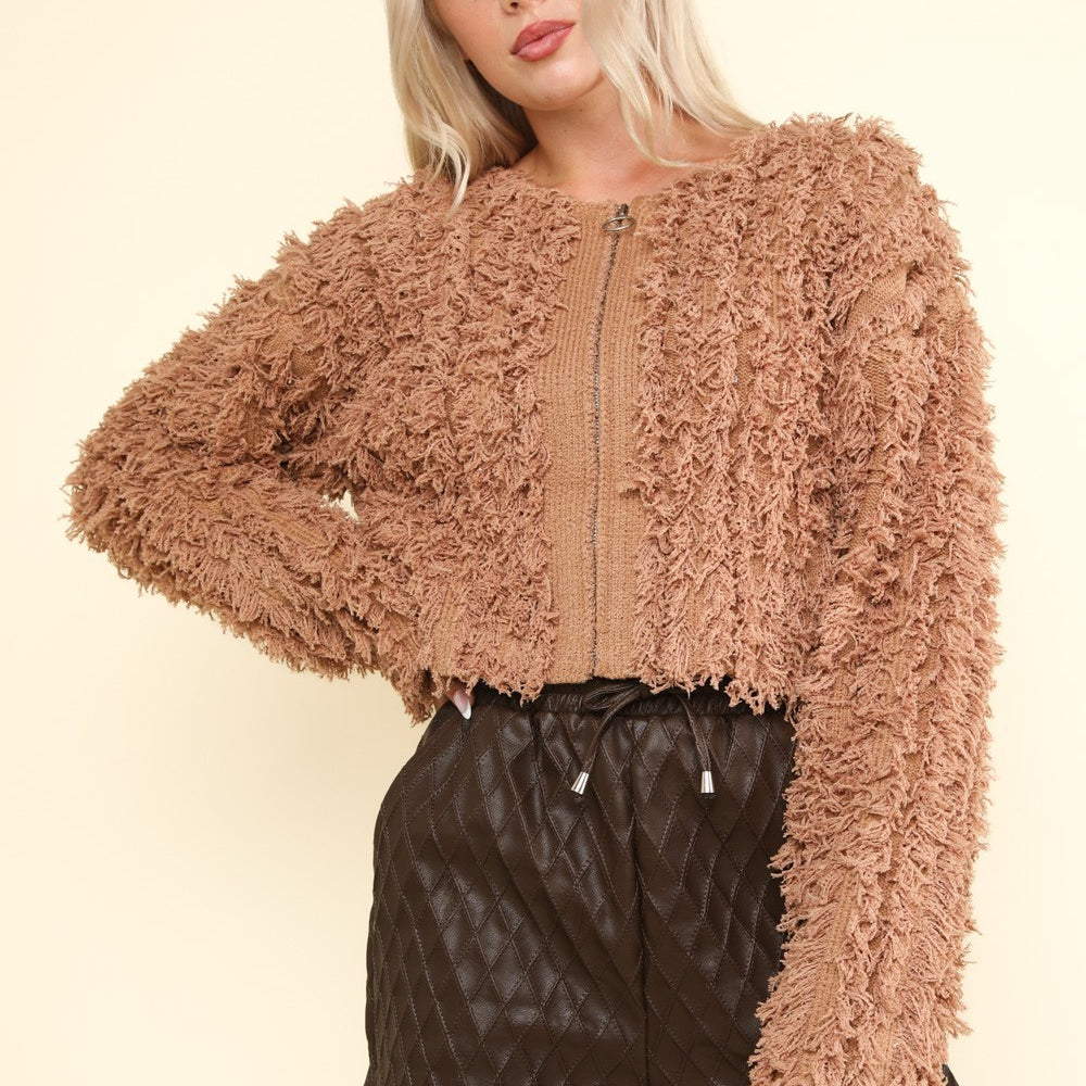 
                      
                        Shaggy Yarn Knit Zip Up Jacket
                      
                    