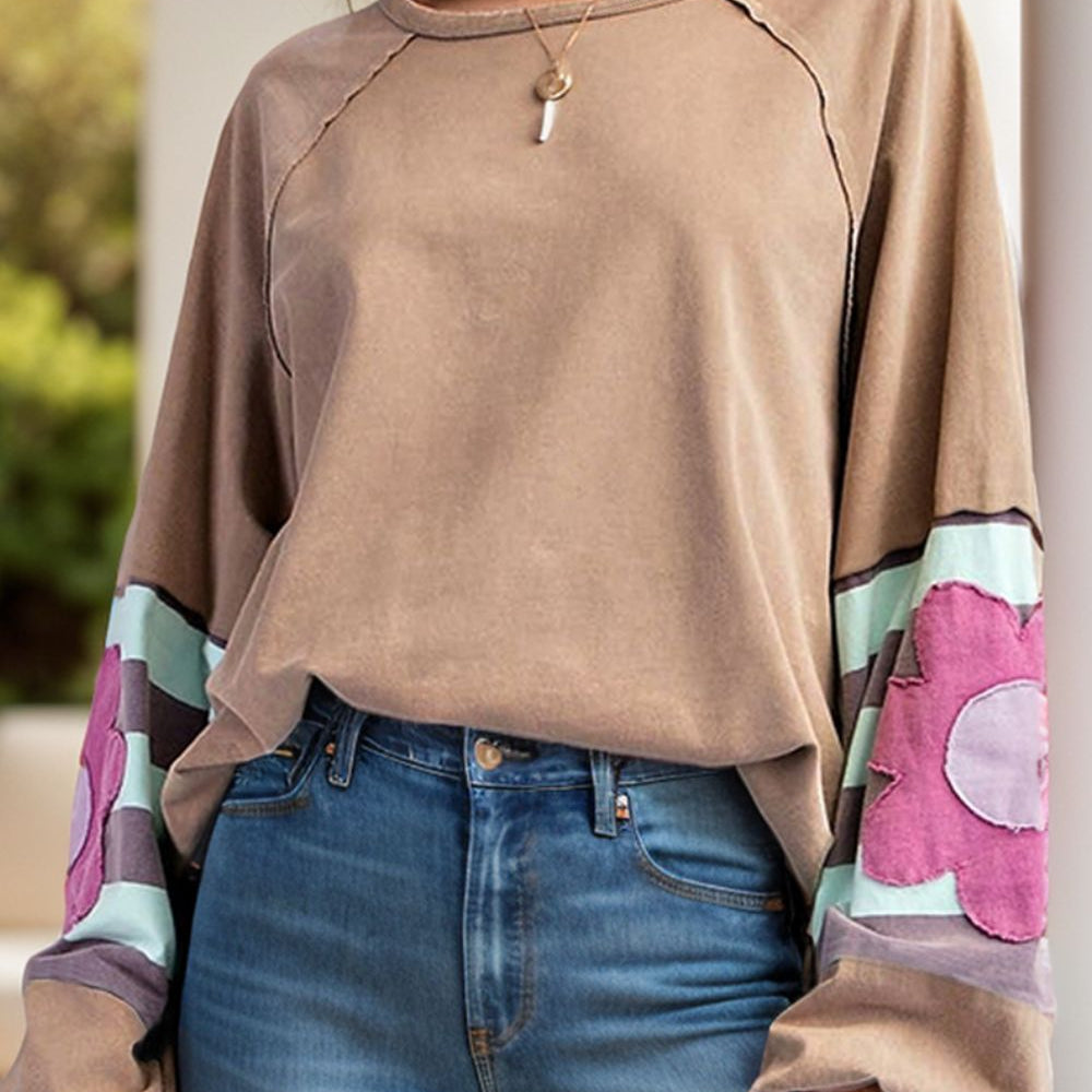 Flower Patch Round Neck Balloon Sleeve Top