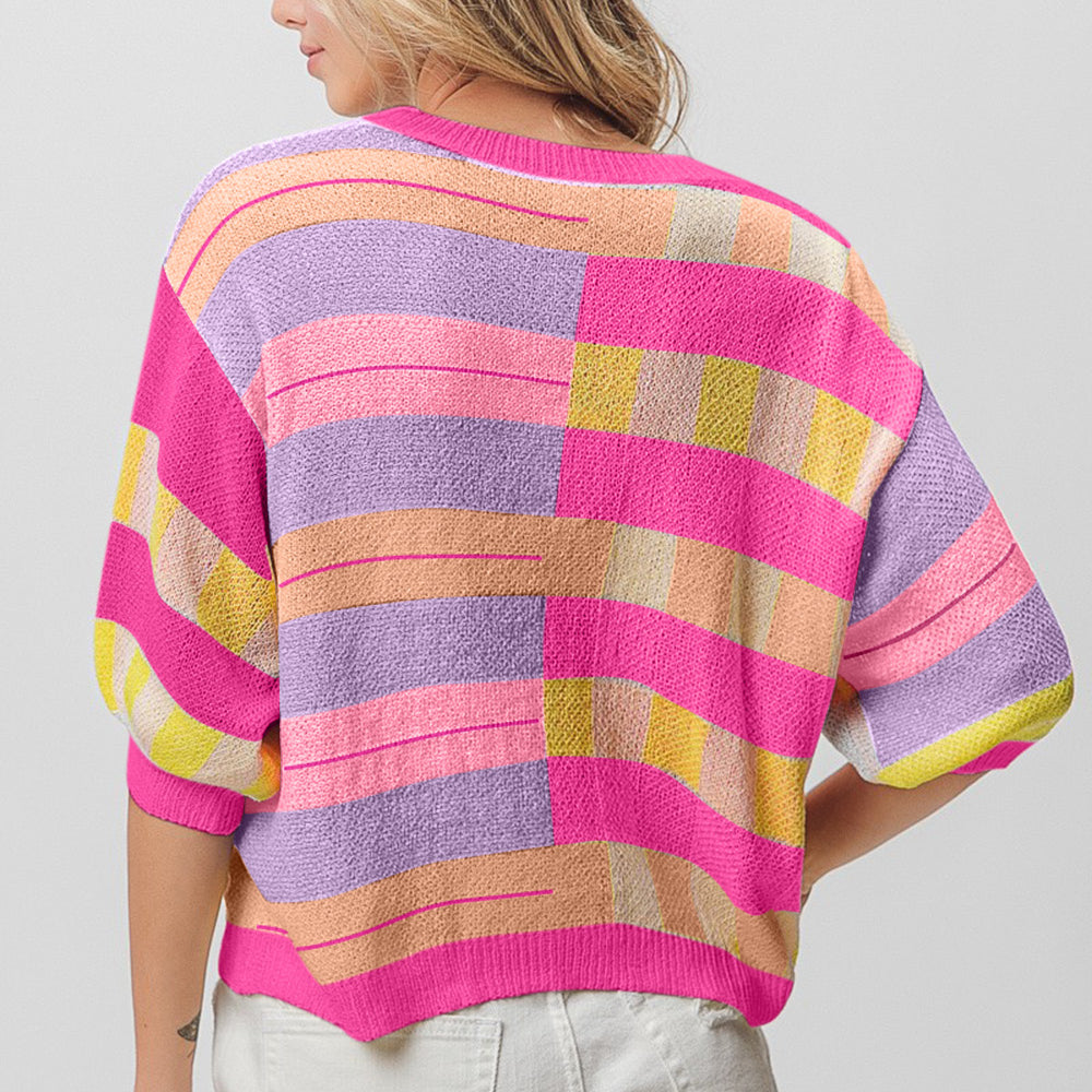 Multi Color Striped Round Neck Knit Top