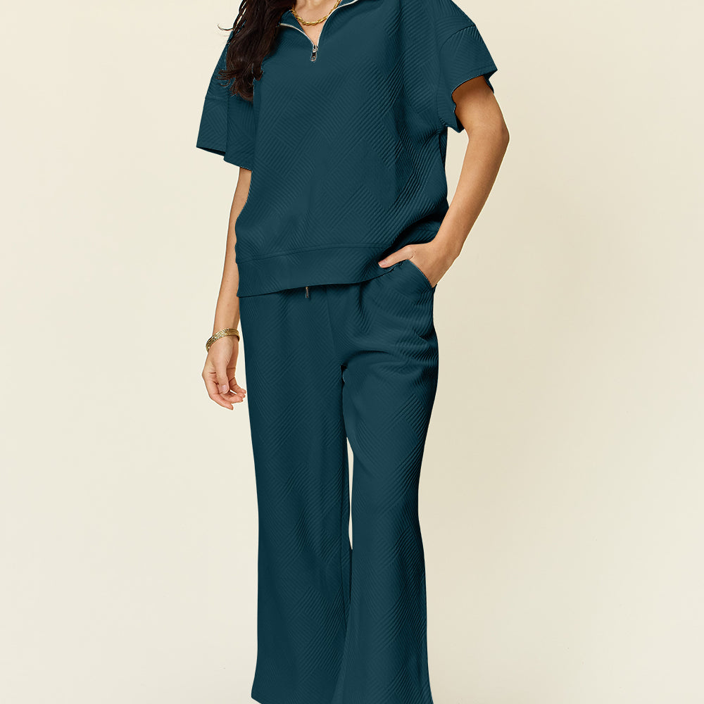 
                      
                        Texture Half Zip Short Sleeve Top and Pants Set
                      
                    