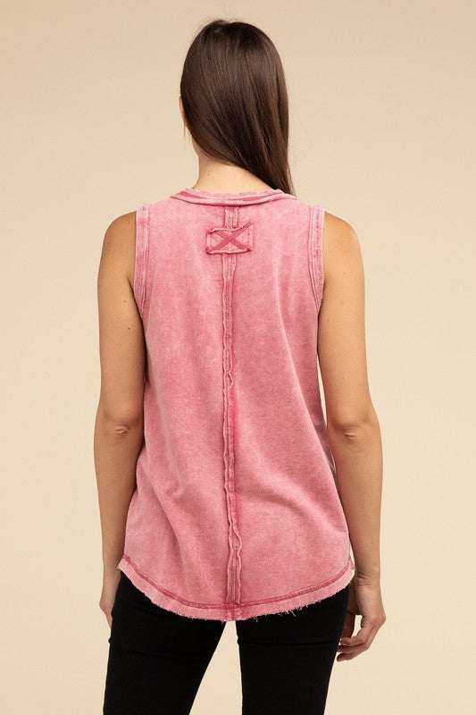 
                      
                        Washed Half-Button Raw Edge Sleeveless Henley Top
                      
                    