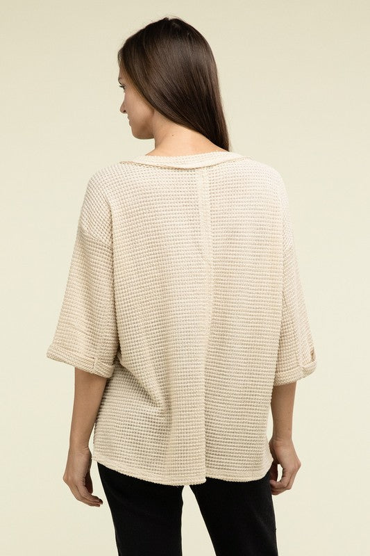 
                      
                        Brushed Waffle Exposed-Seam 3/4 Sleeve Top
                      
                    