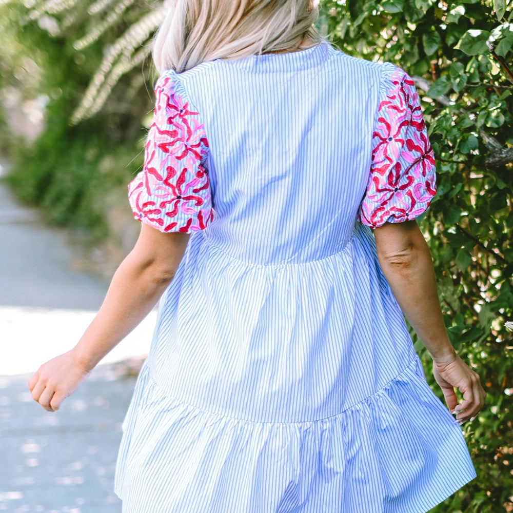 
                      
                        Embroidered Striped Notched Short Sleeve Dress
                      
                    