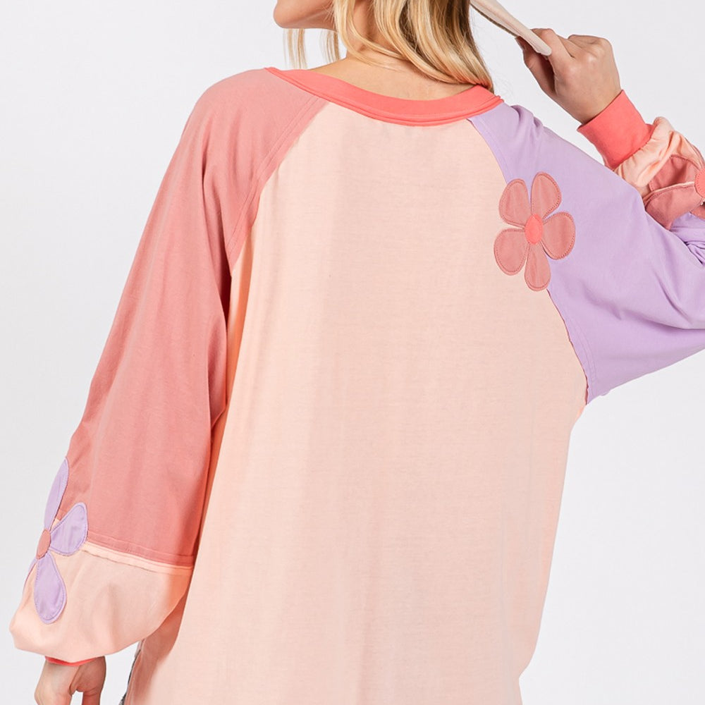 Daisy Applique Patch Color Block Long Sleeve Top