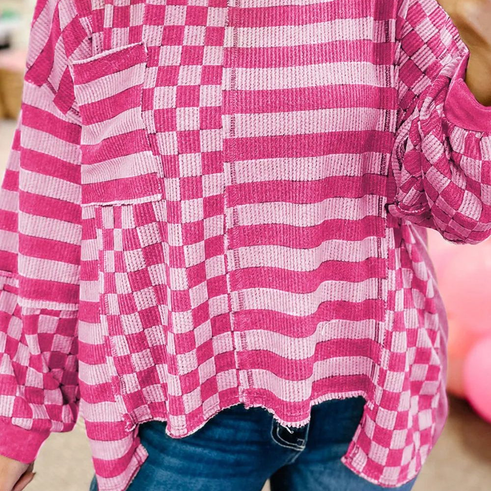 
                      
                        Checker & Stripes Round Neck Long Sleeve Blouse
                      
                    