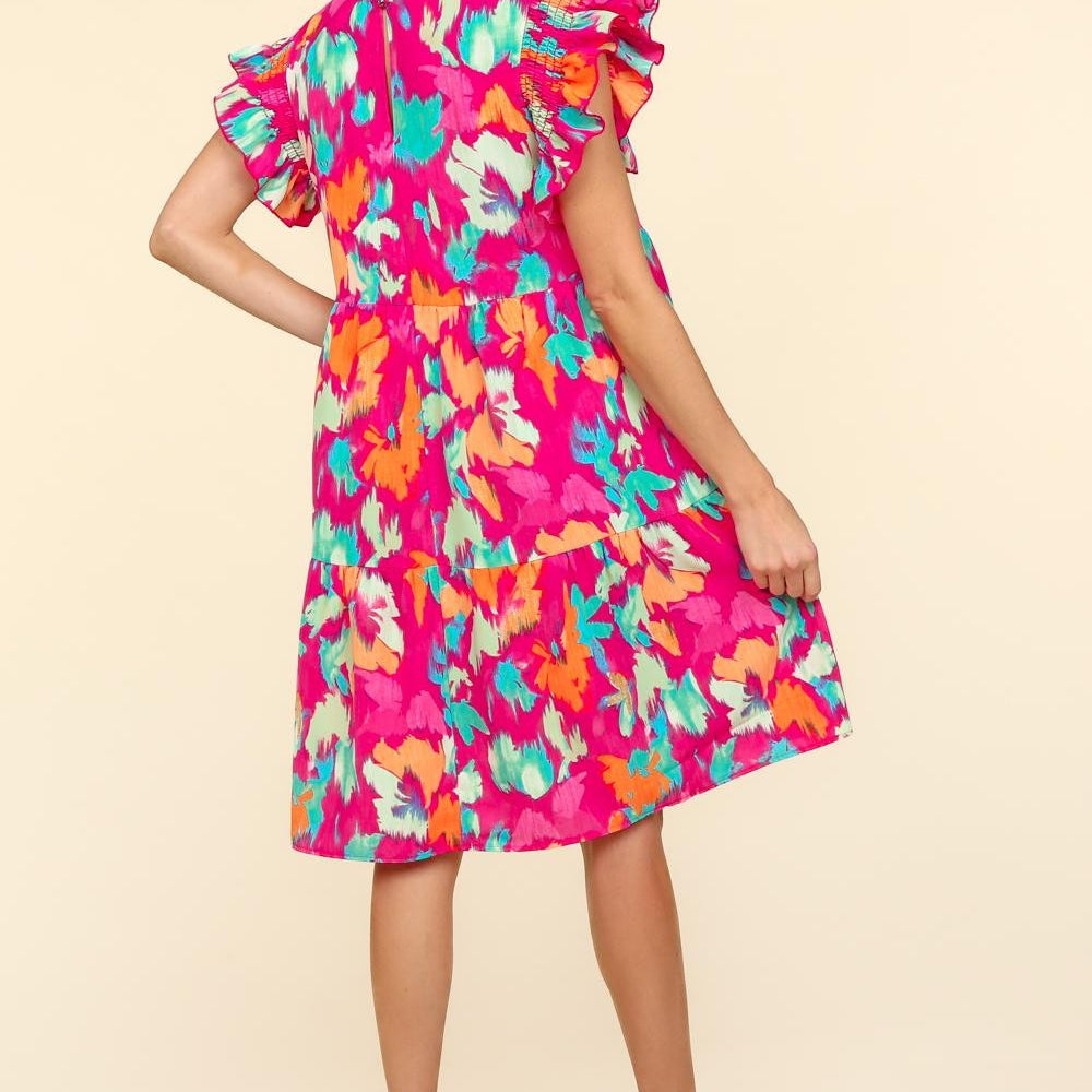 Printed Ruffled Tiered Dress with Side Pockets