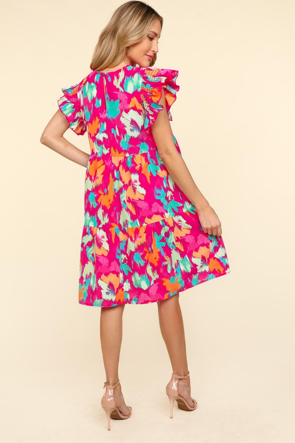 Printed Ruffled Tiered Dress with Side Pockets