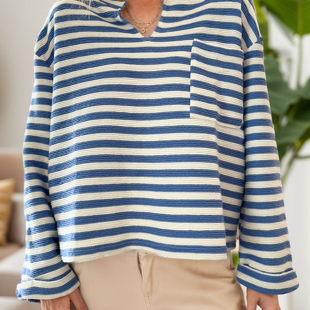 Striped Notched Long Sleeve Top