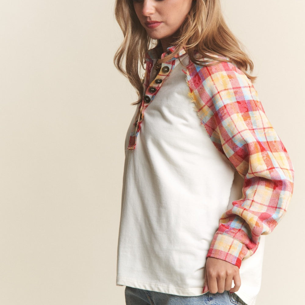 
                      
                        Plaid Contrast Button Down Henley Top
                      
                    