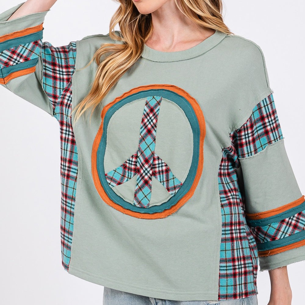 
                      
                        Peace Applique Patch Contrast Plaid Top
                      
                    