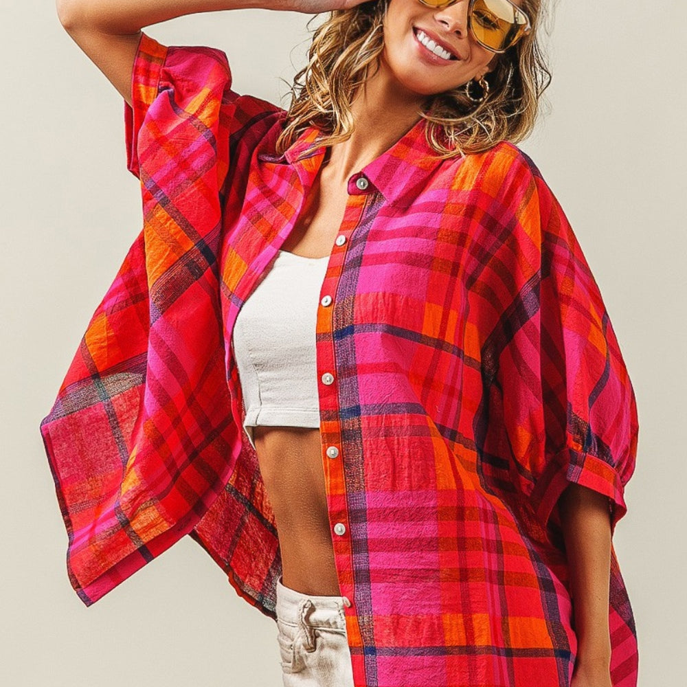 
                      
                        Button Up Dolman Sleeve Plaid Shirt
                      
                    