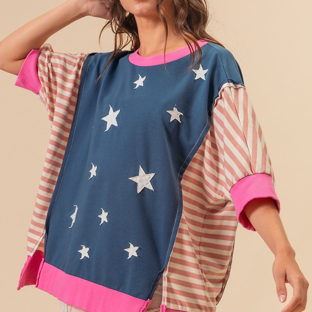 US Flag Theme Color Block Star Patch T-Shirt