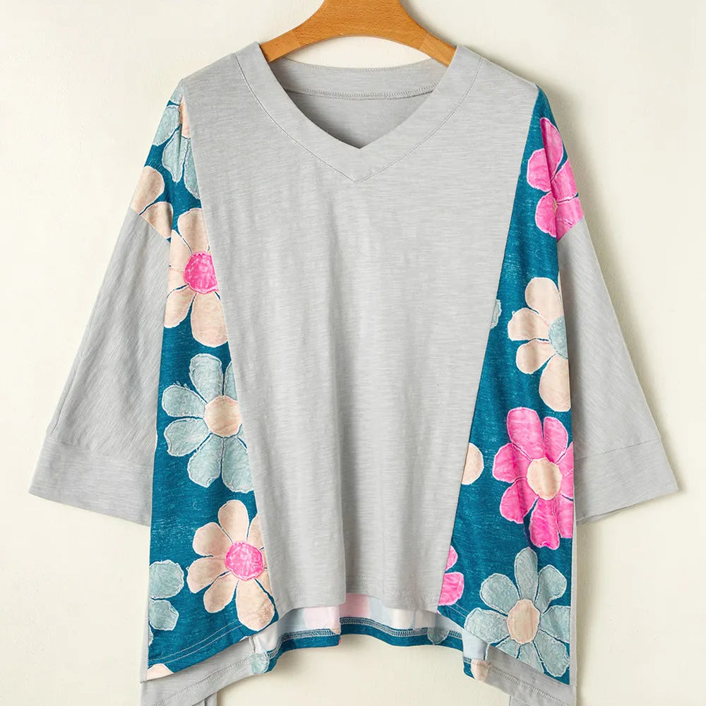 Slit Floral V-Neck Three-Quarter Sleeve Blouse