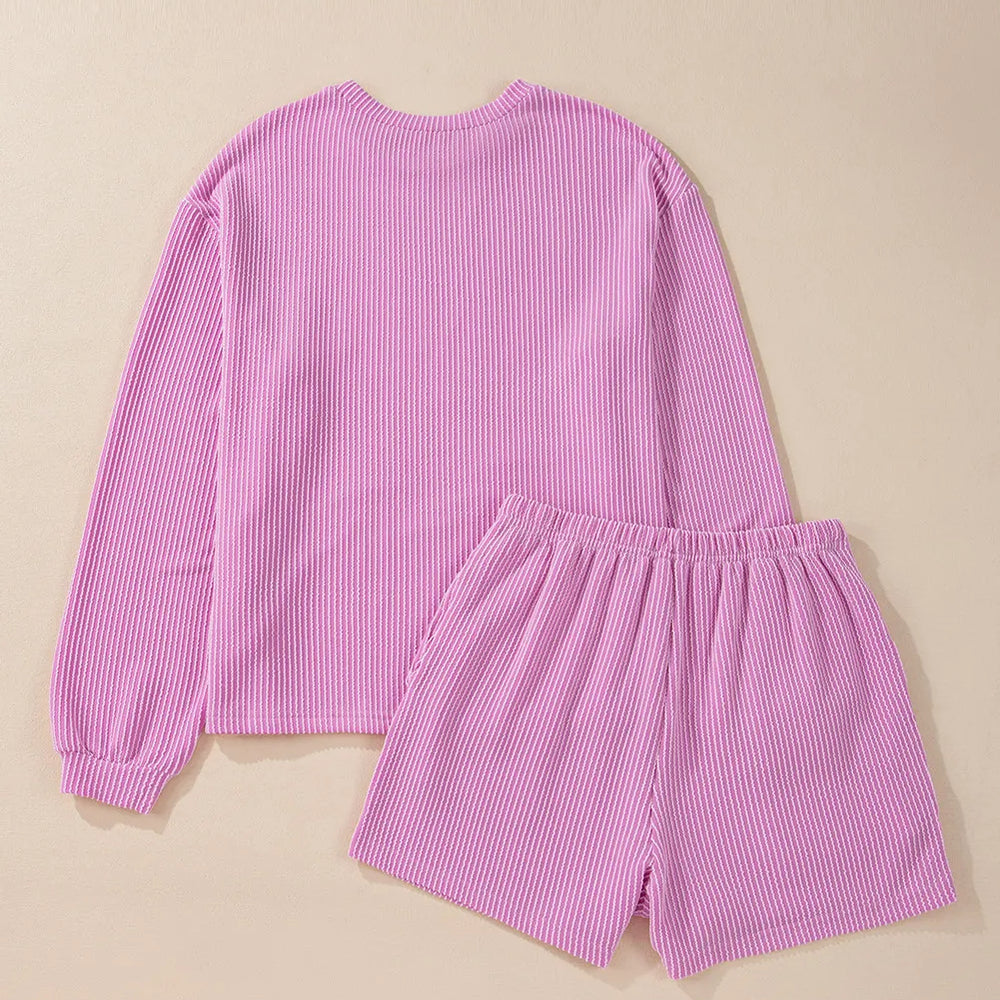 
                      
                        Round Neck Long Sleeve Top and Shorts Set
                      
                    