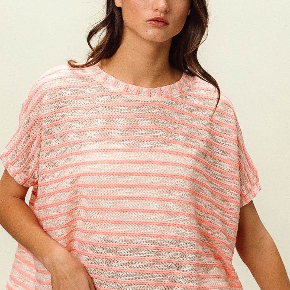 Braid Striped Short Sleeve Round Neck T-Shirt