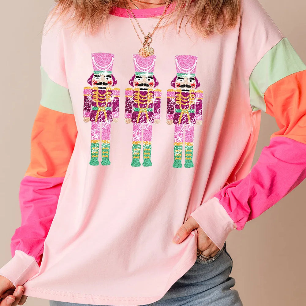 Sequin Nutcracker Round Neck Long Sleeve Top