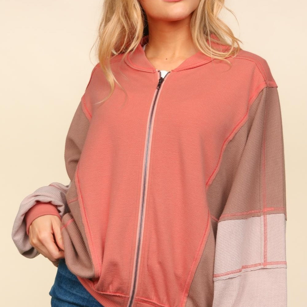 Zip Up Color Block Bomber Jacket with Side Pockets