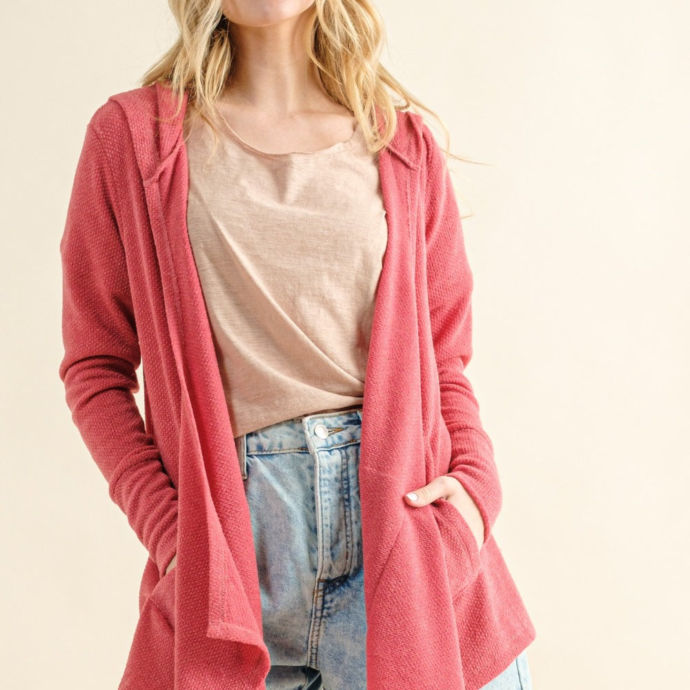 Thermal Hooded Open Front Cardigan with Pockets