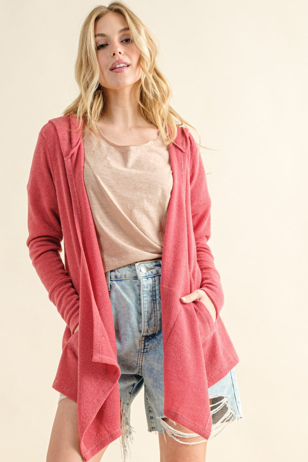 Thermal Hooded Open Front Cardigan with Pockets