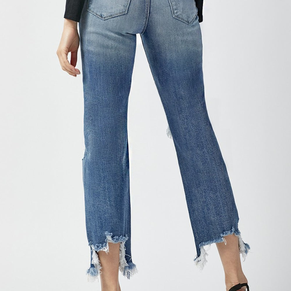 
                      
                        RISEN High Waist Distressed Frayed Hem Cropped Straight Jeans
                      
                    