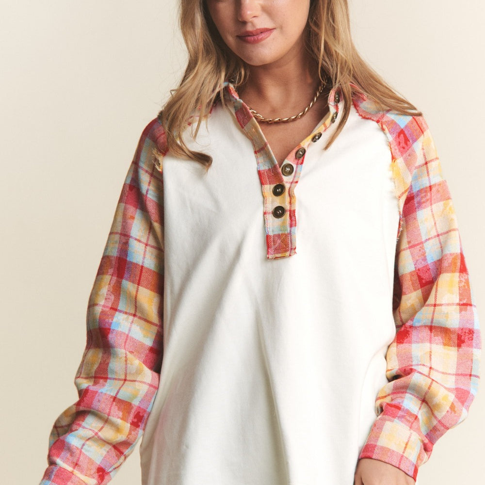 
                      
                        Plaid Contrast Button Down Henley Top
                      
                    