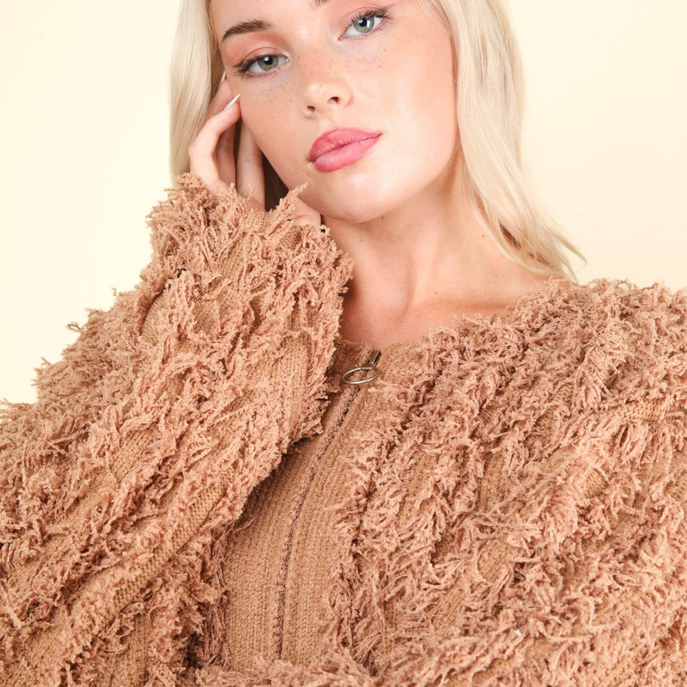 
                      
                        Shaggy Yarn Knit Zip Up Jacket
                      
                    