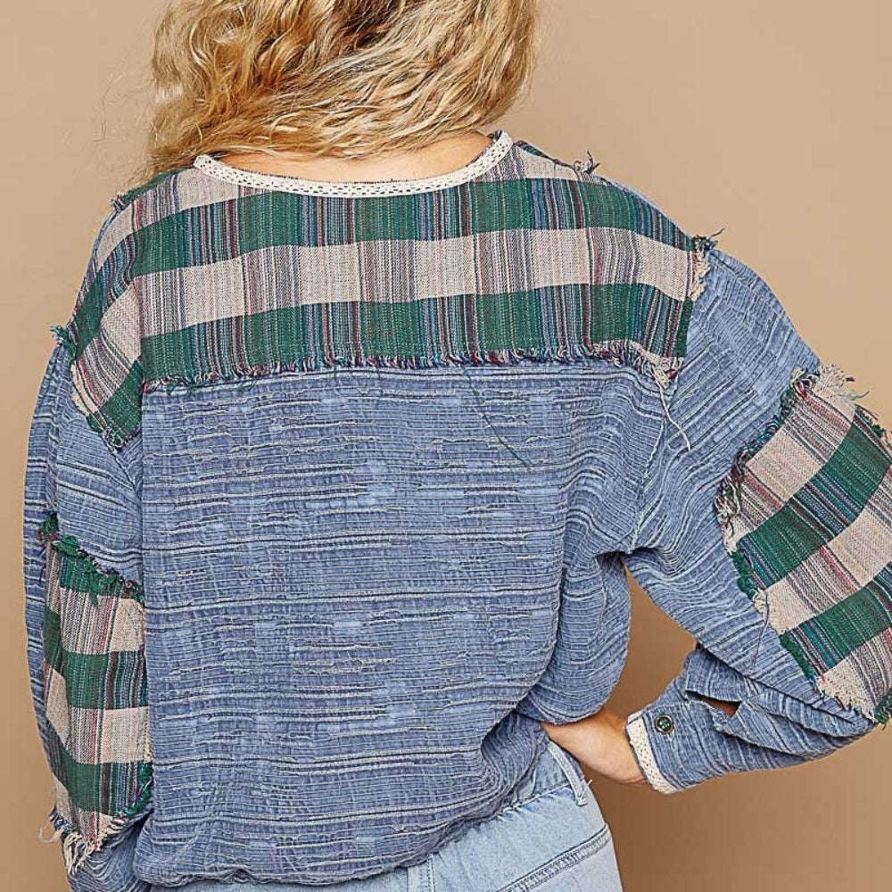 Round Neck Long Sleeve Plaid Shirt