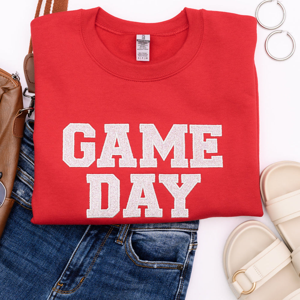 
                      
                        PREORDER: Embroidered Glitter Game Day Sweatshirt in Red/Silver
                      
                    