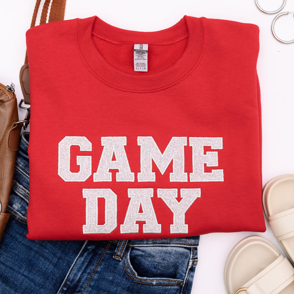 
                      
                        PREORDER: Embroidered Glitter Game Day Sweatshirt in Red/Silver
                      
                    