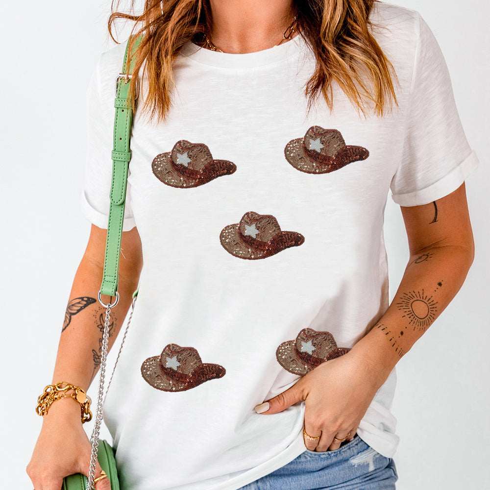 
                      
                        Sequin Hat Round Neck Short Sleeve T-Shirt
                      
                    