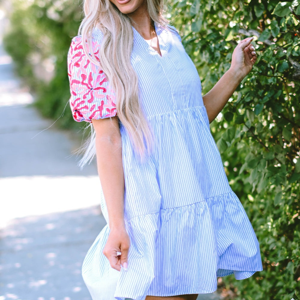 
                      
                        Embroidered Striped Notched Short Sleeve Dress
                      
                    