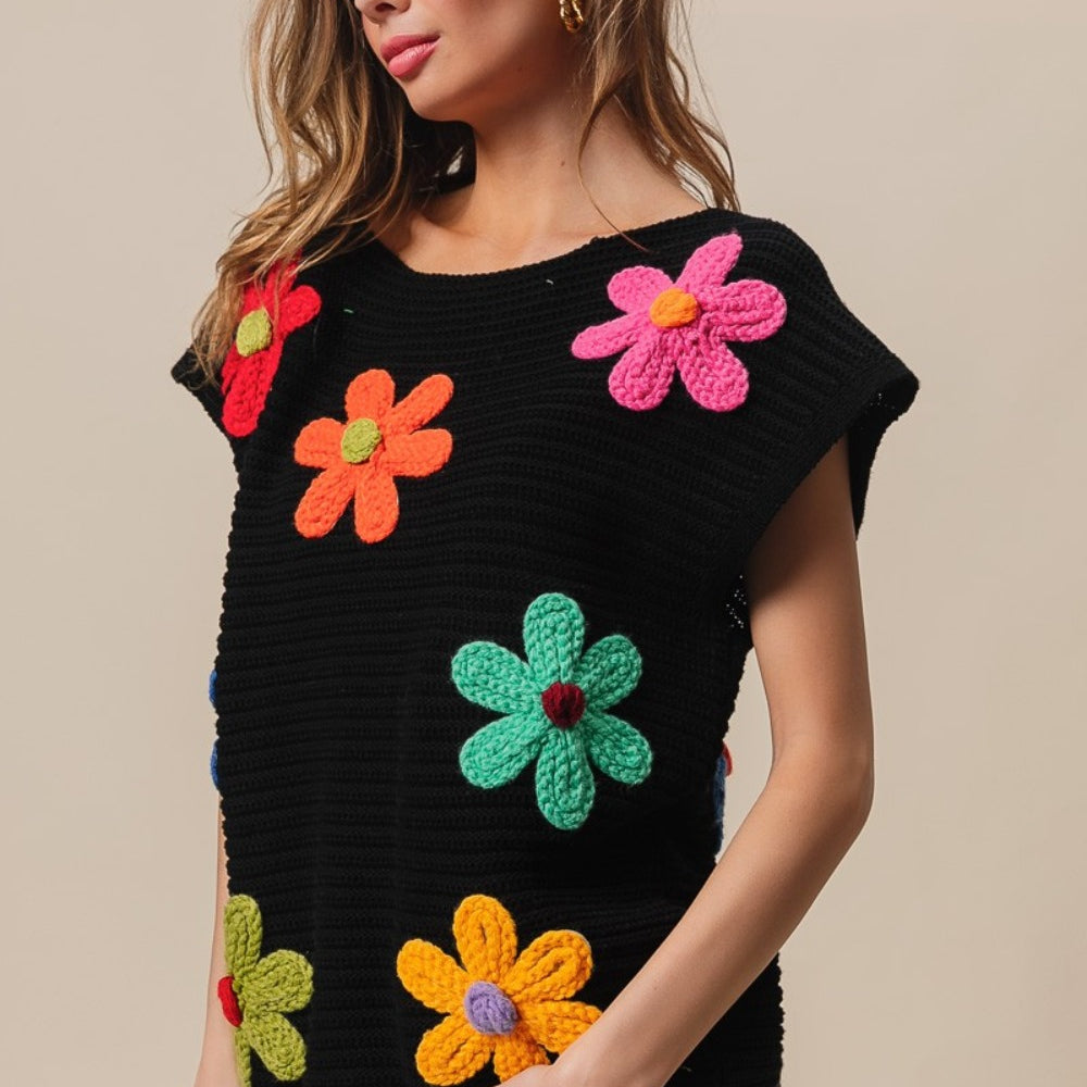 Flower Round Neck Cap Sleeve Knit Top