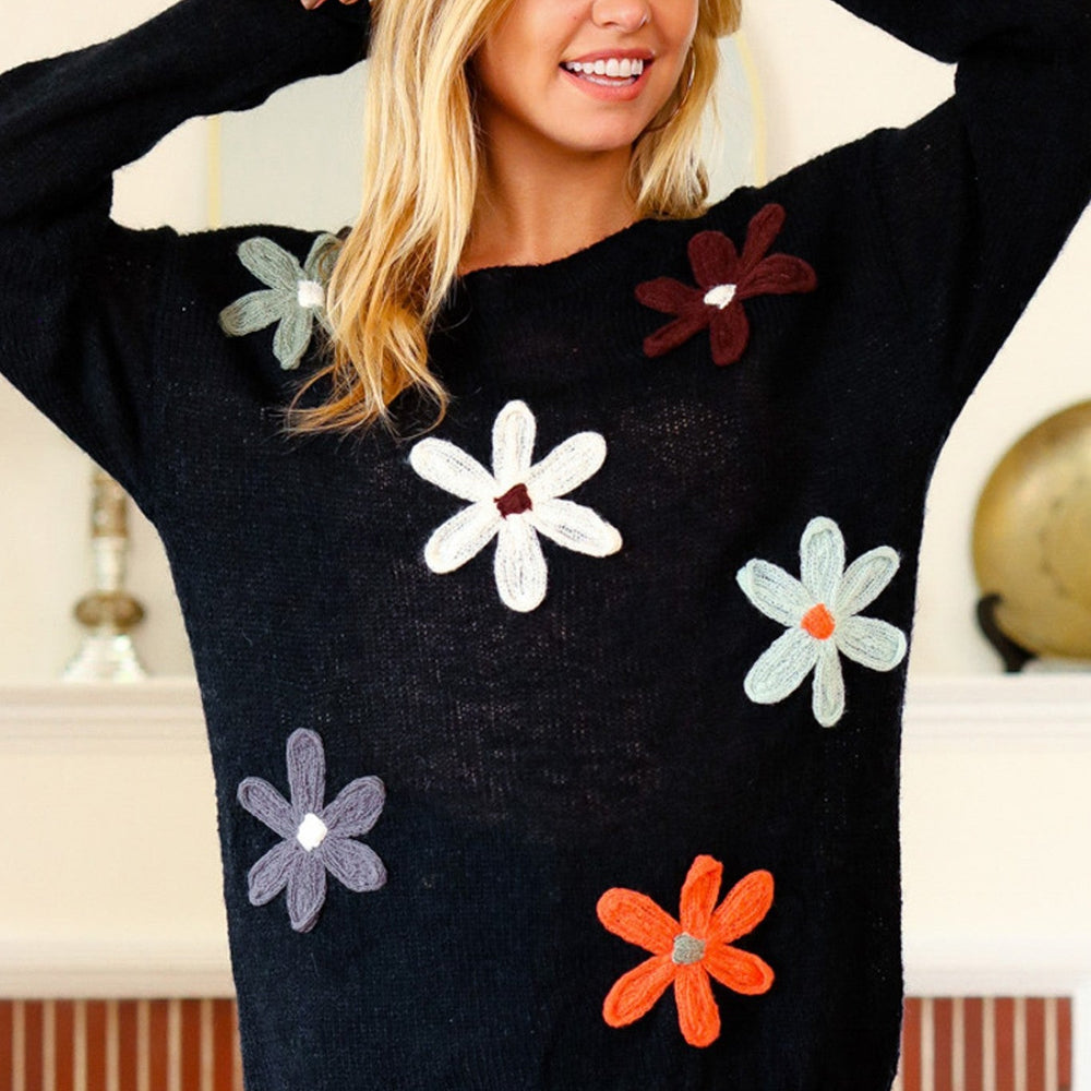 Long Sleeve Flower Patches Sweater Knit Top