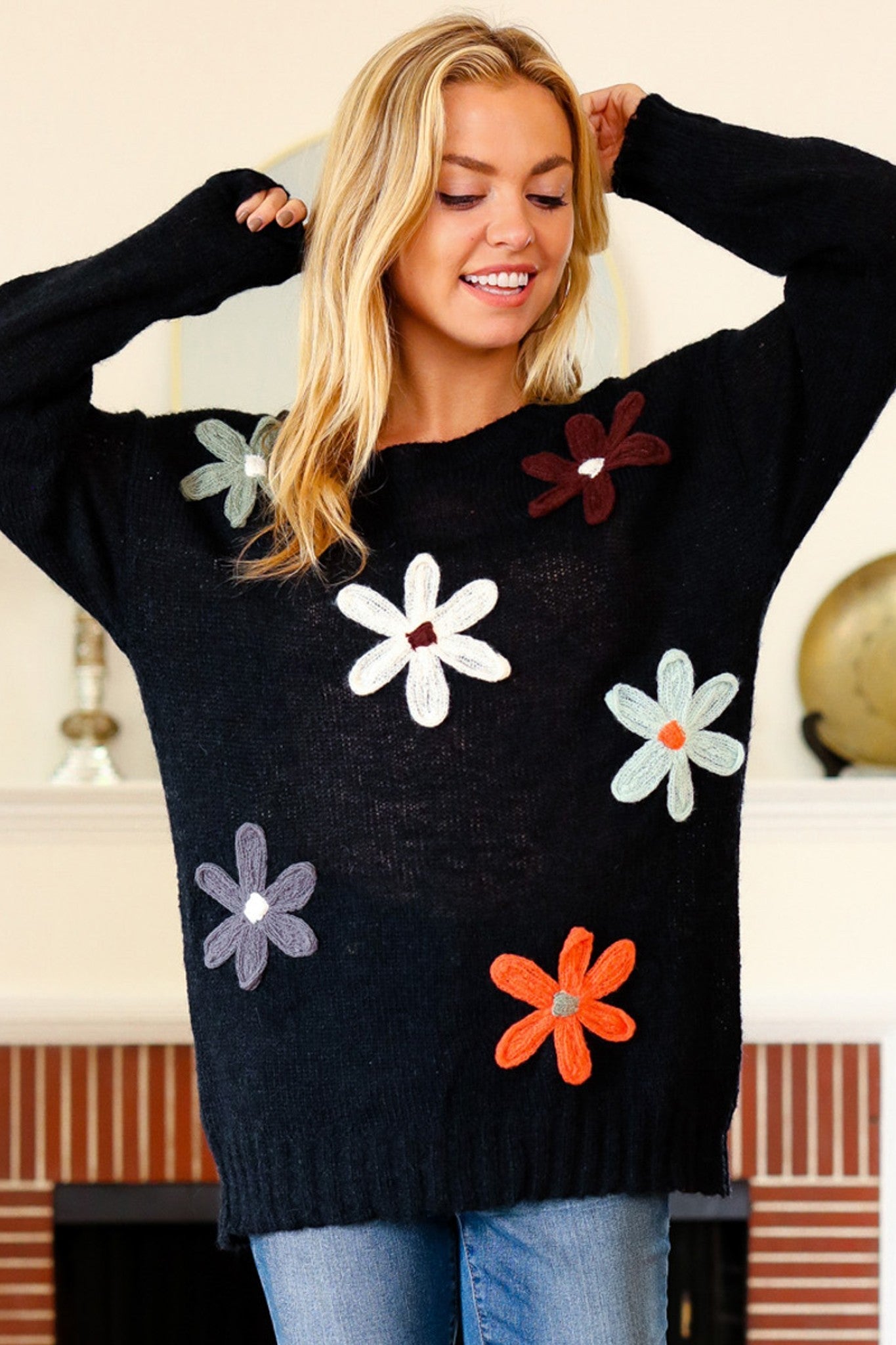 Long Sleeve Flower Patches Sweater Knit Top