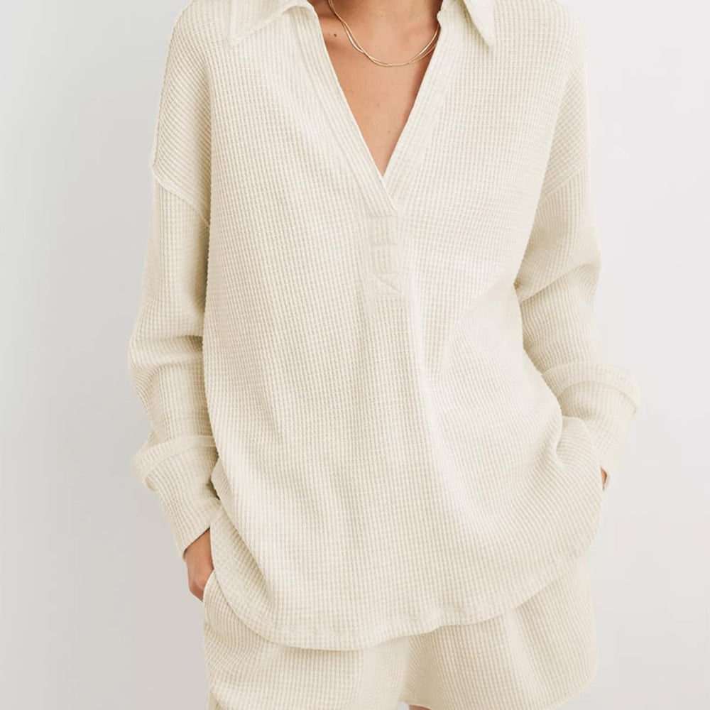 
                      
                        Waffle-Knit Johnny Collar Long Sleeve Sweatshirt
                      
                    