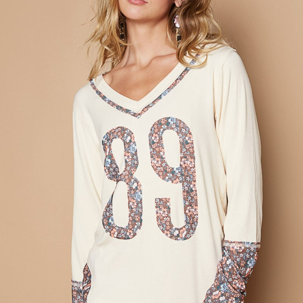 
                      
                        POL V-Neck Long Sleeve Floral Number Patch T-Shirt
                      
                    