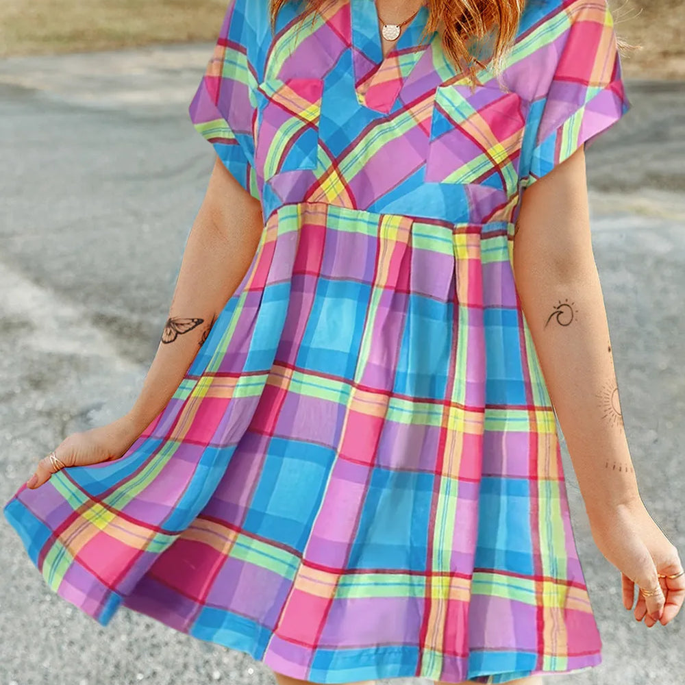 Plaid Notched Short Sleeve Mini Dress