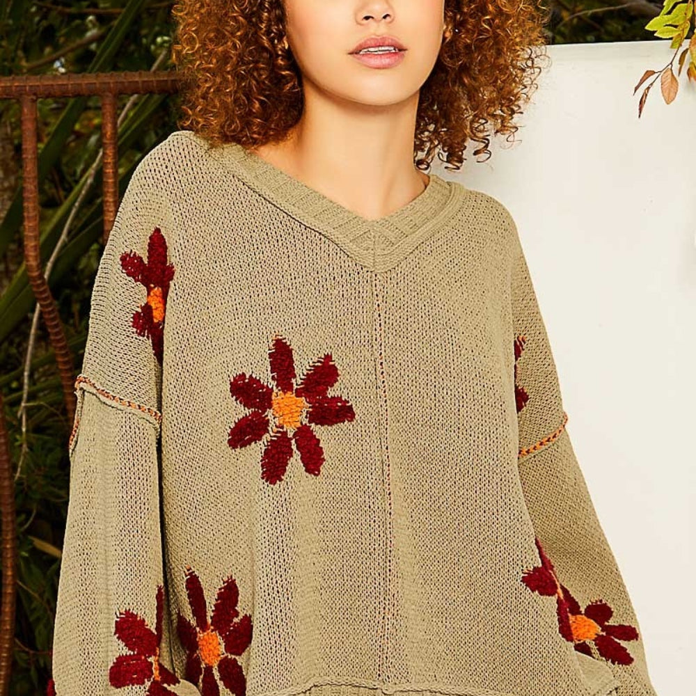 V-Neck Floral Pattern Chenille Sweater