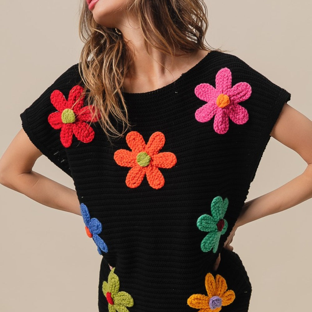 
                      
                        Flower Round Neck Cap Sleeve Knit Top
                      
                    