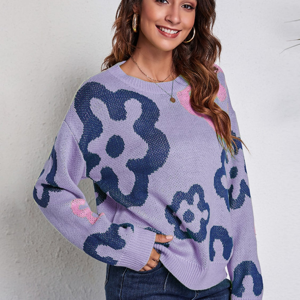 
                      
                        Flower Pattern Round Neck Long Sleeve Sweater
                      
                    