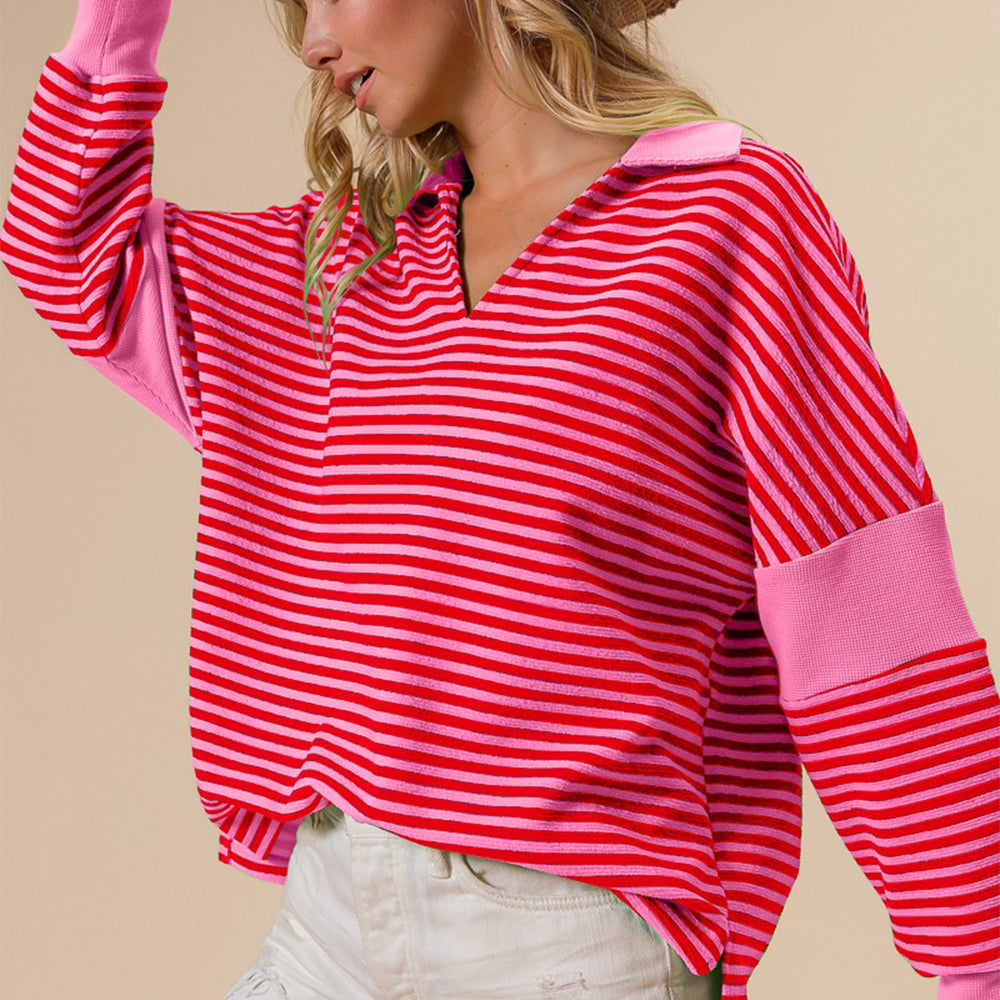 Striped Contrast Long Sleeve Knit Top