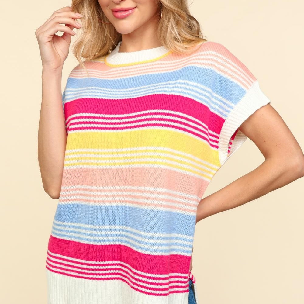 Striped Side Slit Short Sleeve Knit Top