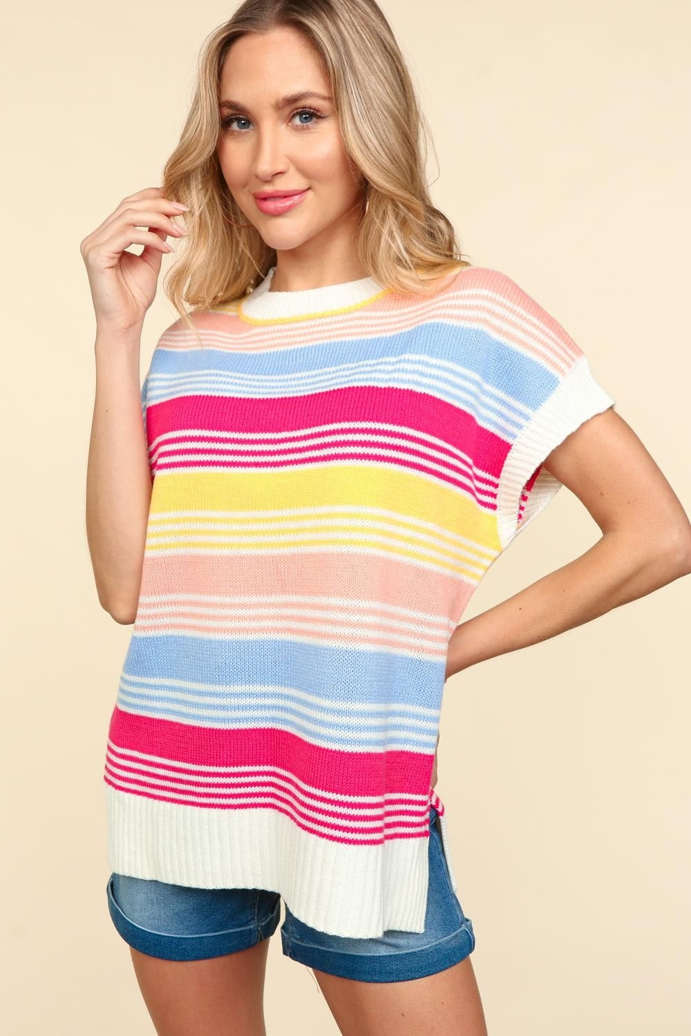 Striped Side Slit Short Sleeve Knit Top