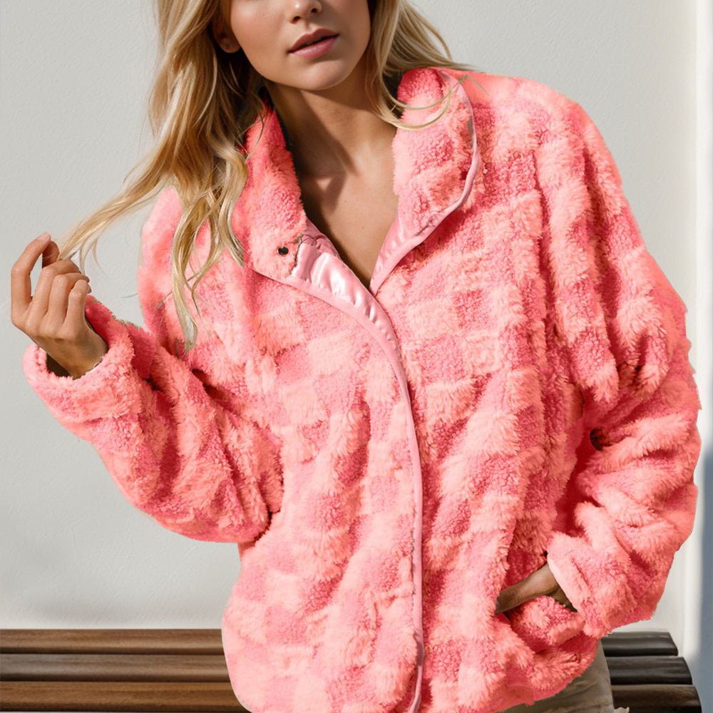 Checkered Long Sleeve Fuzzy Jacket