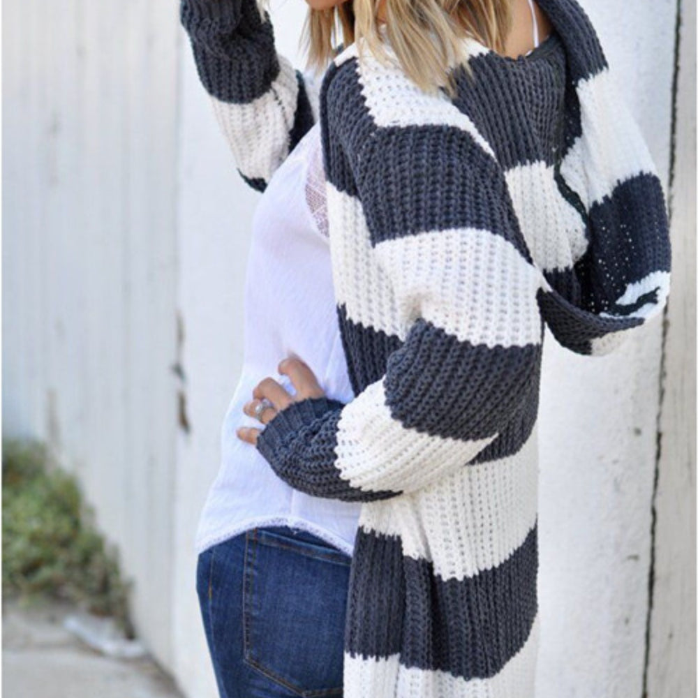 
                      
                        Contrast Stripes Open Front Long Sleeve Cardigan
                      
                    