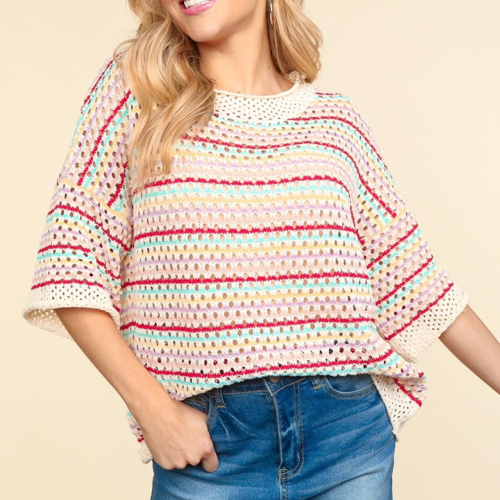 
                      
                        Striped Crochet Drop Shoulder Knit Top
                      
                    