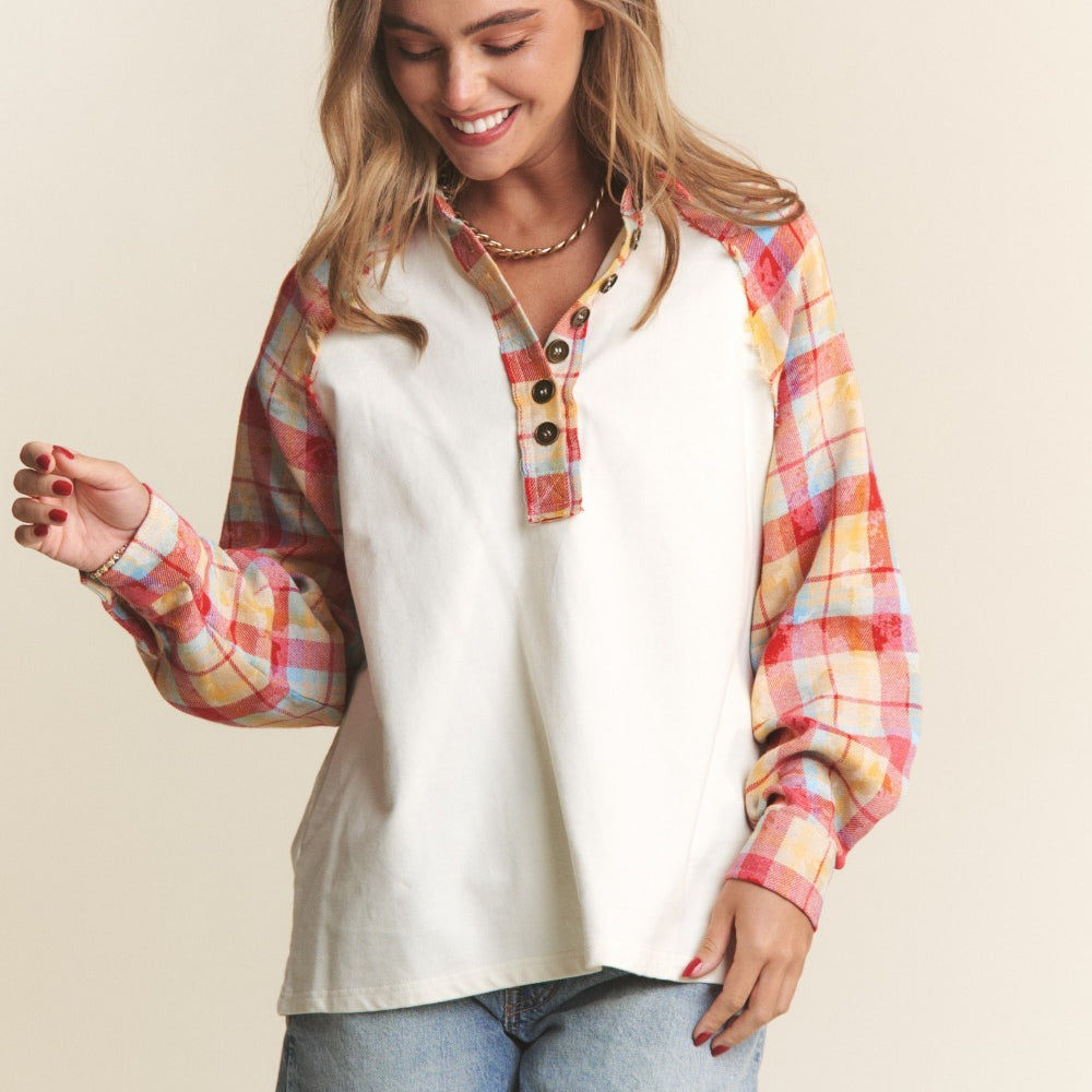 
                      
                        Plaid Contrast Button Down Henley Top
                      
                    