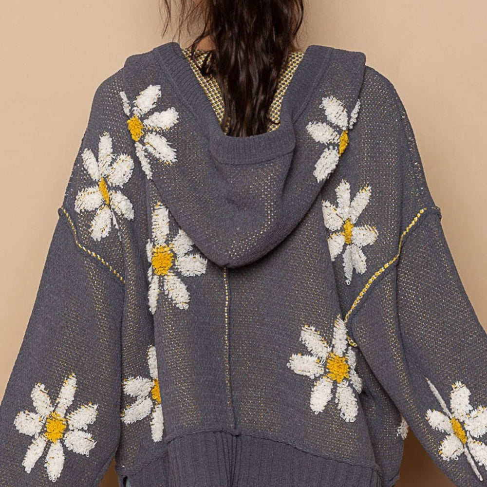 Floral Pattern Hooded High-Low Sweater